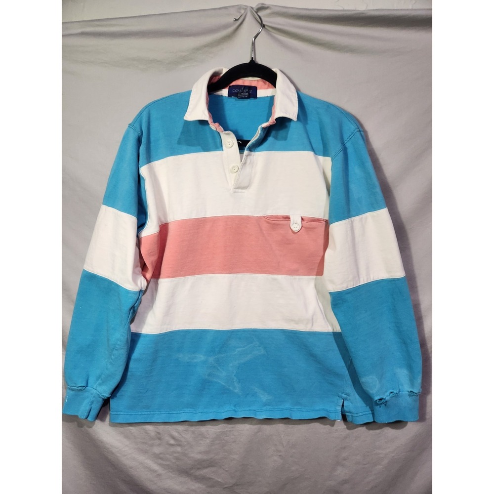 Claybrooke Sport Rugby Polo Sweatshirt LARGE Pink‎ White Blue Striped Distressed